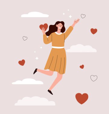 Aşık bir kadın. Cennetteki genç kız. Romantik poster ya da afiş, aşık olma metaforu. Rüya ve hayal gücü, bulutlu gökyüzünde mutluluk, yüksek atlama. Çizgi film düz vektör çizimi