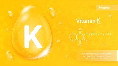 K vitamini sarısı. Proteinin kimyasal formülü, kas kütlesi kazanmak için takviyeler. Spor, spor ve aktif yaşam tarzı. Doğal ve organik ürünler, izometrik düşüş. Çizgi film vektör illüstrasyonu
