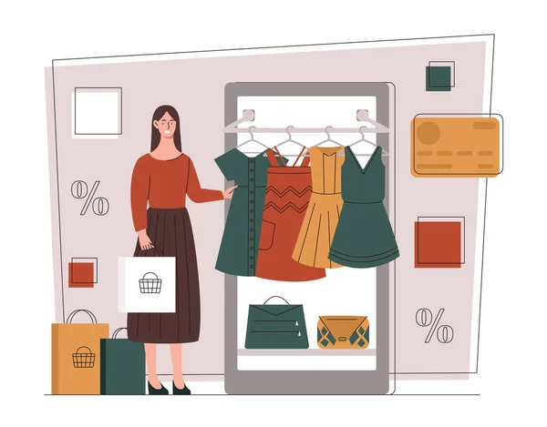 女人在网上购物手里拿着手提包的女孩选择衣服 现代技术 折扣和特别优惠的客户 在商店网站上的分类 卡通平面矢量插图 — 图库矢量图片