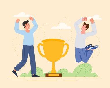 Ödül konsepti. Erkekler altın kadehle, liderlik ve ortaklık metaforuyla sevinirler. Yetenekli ve başarılı çalışanlar. Ödül ve ödül, başarı. Çizgi film düz vektör çizimi