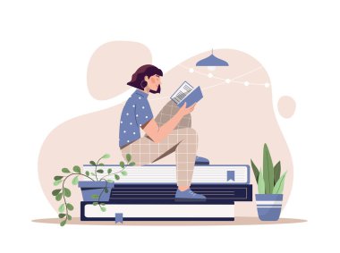 Kitap kurdu hobisi. Genç kız elinde kitapla evde oturuyor. Eğitim ve kişisel gelişim. Ödev yapmak için bilgi arayan bir öğrenci. Boş zaman ve dinlenme. Çizgi film düz vektör çizimi