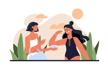 Güneş kremi ürünleri. Sahildeki kızlar kendilerini güneş ışınlarından korurlar. Yaz tatili plajda, tatil tropik ülkelerde, kız arkadaşlar güneşleniyor. Çizgi film düz vektör çizimi