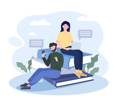 Mesafe çalışması konsepti. Kız ve erkek cihazlar, akıllı telefon ve bilgisayar kullanarak iletişim kurar. Modern teknoloji ve alet bağımlılığı, uzaktan eğitim veya iş. Çizgi film düz vektör çizimi