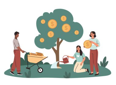 Para ağacı olan insanlar. Takım iş projesinde çalışıyor, organizasyonun gelişimi. Kazanç metaforu ve finansal okuryazarlık. Yatırımcılar pasif gelir yaratıyor. Çizgi film düz vektör çizimi