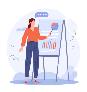 Kadın kurşun sunumu. Toplum önünde konuşan patron, astlarına maddi gelirden bahsediyor. Analiz bölümü çalışanı. Çizelge çizelgesi var. Bilgi topluyor. Çizgi film düz vektör çizimi