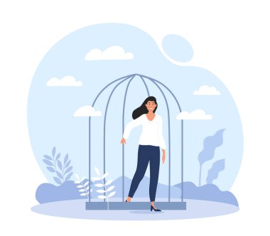 Concept of inner prisoner. Girl comes out of cage, psychology, awareness and self development. Woman coping with difficulties, positivity and optimism person. Cartoon flat vector illustration clipart