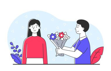 Erkek kıza buket verir. Romantik randevu, aşk bakımı, beklenmedik hediyeler ve tebrik kartları için tasarım. Kız ve erkek yürüyüşe. Karı koca doğada, mutlu bir çift. Çizgi film düz vektör çizimi