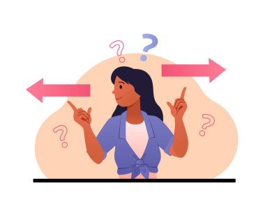 Kız yolu seçer. Karakter karar verir, kadın seçenekleri değerlendirir. Zihinsel kilitlenme, sorular, öncelikler. Düşünceli, kafası karışık biri, belirsizlik. Çizgi film düz vektör çizimi