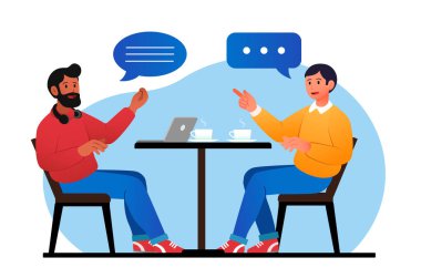 Kahve molası. Kafe veya restoranda iki adam masada iletişim kuruyor. Çalışanlar projeyi tartışıyor, işten dinleniyor, çay arkadaşları, iş arkadaşları ve ortaklık. Çizgi film düz vektör çizimi