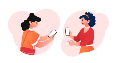 Telefonda konuş. Kızlar birbirleriyle uzaktan, konferansdan ve sosyal ağlardan iletişim kurarlar. İnternetteki iletişim, kuryeler ve sohbetler. Malzemeler ve cihazlar. Çizgi film düz vektör çizimi