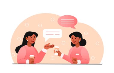 Molada konuşan kadınlar. Kahve ya da çay içen kızlar son haberleri tartışıyor. Çalışanlar projeden bahseder, meslektaşlar fikir arar, öğrenciler restoranda. Çizgi film düz vektör çizimi