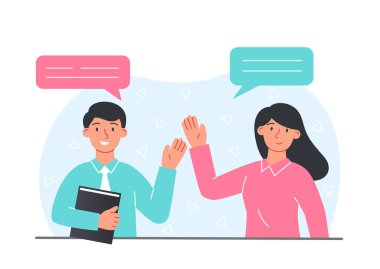 İnsanlar el sallıyor. Arkadaş canlısı bir karakter, reklam afişleri ve afişler için modeller. Çalışanlar ve öğrenciler yeni geleni gördüklerine sevindiler. Sevgi ve özen metaforu. Çizgi film düz vektör çizimi