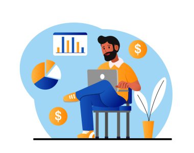 Çevrimiçi iş. Dizüstü bilgisayarı olan adam evde oturuyor, serbest çalışan ya da uzaktan çalışan. Modern teknolojiler ve internet gelirleri, yatırım, rahat işyeri. Çizgi film düz vektör çizimi