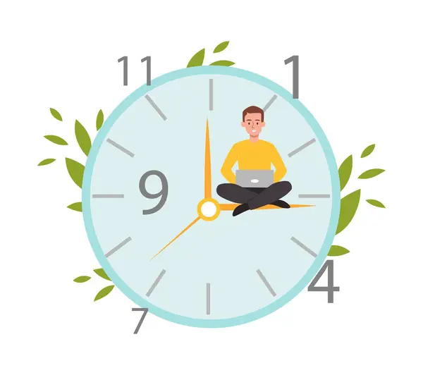 Working Big Clock Time Management Metaphor Young Guy Laptop Trying — Stock Vector