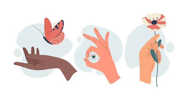 Mãos Femininas Gentis Borboleta Olho Flor Exploração Mundo Métodos Percepção —  Vetores de Stock