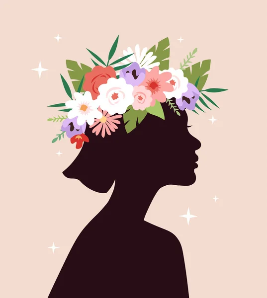 花を持った女性 春と美しさのための象徴的なシルエット ファッション雑誌のポスターやバナー ウェブサイトのスタイリッシュなグラフィック要素 漫画フラットベクターイラスト — ストックベクタ