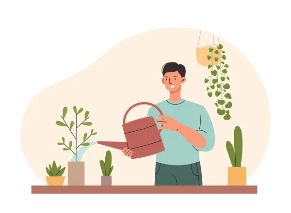 Muž Zalévající Pokojovou Rostlinu Chlápek Zavlažovacími Plechovkami Domácí Zahradě Rostlinami — Stockový vektor