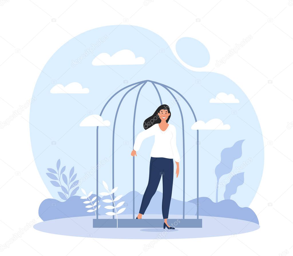 Concept of inner prisoner. Girl comes out of cage, psychology, awareness and self development. Woman coping with difficulties, positivity and optimism person. Cartoon flat vector illustration
