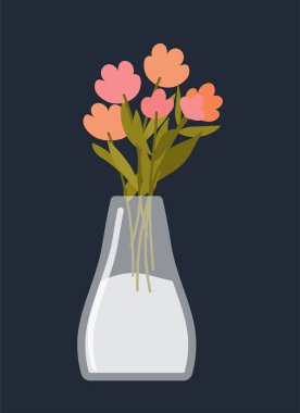 Vazodaki çiçekler. Cam çiçek standında gül tomurcukları. Bitkiler ve doğa sevgisi, çiçekçilik, bahçıvanlık ve dekorasyon unsurları. Sosyal medya için romantik etiket. Çizgi film düz vektör çizimi