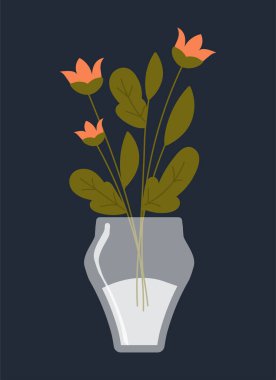 Vazodaki çiçekler. Modern daireyi dekore etmek için karanlık arka planda grafiksel öğeler. Sosyal ışıklar için etiket. Evde konfor ve konfor, su dolu cam sürahi. Çizgi film düz vektör çizimi