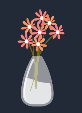 Vazodaki çiçekler. Pembe bitkiler, cam sürahide su. Daireler ve evler için modern dekorlar. Yaz ya da bahar, kızlar için romantik bir hediye. Rahatlık ve rahatlık. Çizgi film düz vektör çizimi