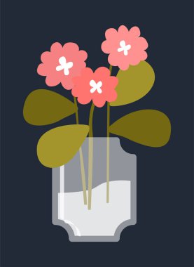 Vazodaki çiçekler. Çok güzel pembe bitkiler. İç dekorasyonlar, apartmanlar ve evler için dekorasyonlar. Bahar ya da yaz mevsimi, kadınlar için romantik bir hediye. Çizgi film düz vektör çizimi