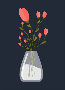 Vazodaki çiçekler. Cam kavanozda suyla birlikte pembe bitkiler. Kadın sevilen adamın hediyesiyle ilgilenir. Romantik, 8 Mart ya da Sevgililer Günü. Bahar ya da yaz mevsimi. Çizgi film düz vektör çizimi