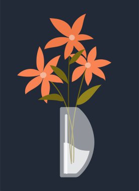 Vazodaki çiçekler. Cam su kavanozunda tropik ya da egzotik bitkiler. 8 Mart ya da Sevgililer Günü için alışılmadık bir hediye. Sosyal ağlar, çiçekçiler için romantik çıkartmalar. Çizgi film düz vektör çizimi