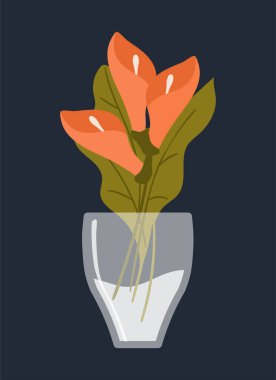 Vazodaki çiçekler. Cam su kavanozunda tropik ya da egzotik bitkiler. 8 Mart ya da Sevgililer Günü için alışılmadık bir hediye. Sosyal ağlar, çiçekçiler için romantik çıkartmalar. Çizgi film düz vektör çizimi