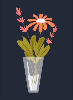 Vazodaki çiçekler. Cam su kavanozunda tropik ya da egzotik bitkiler. Sosyal ağlar için romantik çıkartmalar, bitkiler için ikonlar. Sevgililer Günü ve 8 Mart 'ta hediye. Çizgi film düz vektör çizimi