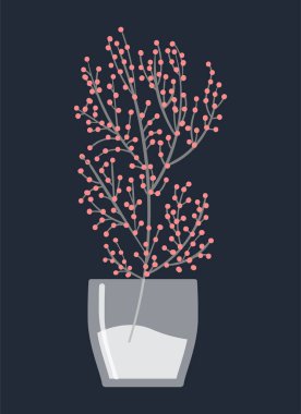 Vazodaki çiçekler. Uzun dallarda küçük pembe meyveler. Alışılmadık sonbahar hediyeleri, bitkilere ve çiçekçilere duyulan sevgi. Modern iç mekan, konfor ve konfor. Çizgi film düz vektör çizimi