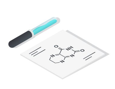 Kimyasal formül ve pipette. Mavi maddeli ve reaksiyonlu bir matara. Kimyasal deneyler ve bilim. İlaç ya da kozmetik ürünlerin geliştirilmesi. Karikatür izometrik vektör çizimi