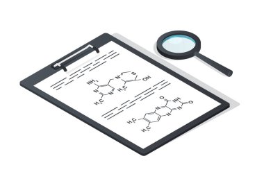 Pano ve cam. Kimyasal formüller ve reaksiyonlar. Maddelerin etkileşimi ve ara sonuçların kaydı. Tıbbi ürünlerin geliştirilmesi. Karikatür izometrik vektör çizimi