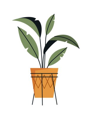 Yapraklı saksı. Daire için lüks dekorasyon, şık ve pahalı yerler. Modern dekorasyon öğeleri ve sosyal ağlar için çıkartmalar, bitkiler için sevgi. Çizgi film düz vektör çizimi