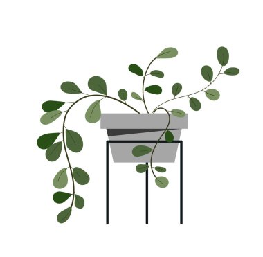 Yapraklı saksı. Minimalist stantta gri vazo, lüks mobilyalar ve apartman, ev veya restoran dekorasyonu için elementler. Çiçek ve bahçe işleri. Çizgi film düz vektör çizimi