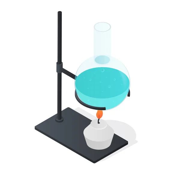ケミカルボトルスタンド キャンドルはフラスコを青色の試薬で加熱し 高温での分子の相互作用をチェックします 実験室での科学実験 マンガイソメトリックベクターイラスト — ストックベクタ