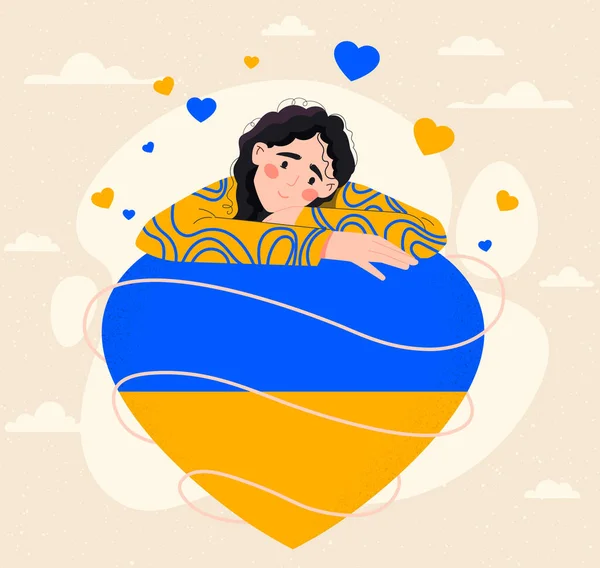 Молитесь Концепцию Украины Мирная Улыбающаяся Женщина Лежит Сердце Национальных Желтых — стоковый вектор