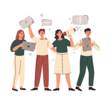 Vatandaşların politik hayatı. Dijital cihazları ve hoparlörleri olan kadın ve erkekler, halkı dilekçe imzalamaya veya miting için toplanmaya çağırıyorlar. İnsan hakları ve özgürlükleri. Çizgi film düz vektör çizimi