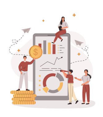 Finansal işlemler, nakit ödemeler. Temassız ödeme ya da NFC hizmeti. Bozuk paralı kadın ve erkekler, finansal uygulamalı büyük akıllı telefonun yanında duruyorlar. Çizgi film düz vektör çizimi