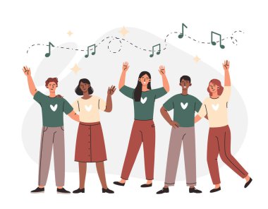 Dans eden ve eğlenen bir grup insan. Genç erkekler ve kadınlar gülümser, popüler müzik dinler ve hareket ederler. Parti ya da kutlama. Yüksek sesli melodi ya da şarkı. Çizgi film modern düz vektör çizimi.