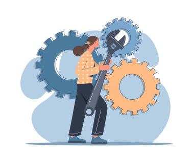 Anahtar ekipmanı konsepti. Vitesli genç kız. Karakter, mekanizmadaki sorunları çözer, teknisyen. Şirketin gelişiminden sorumlu çalışan, aletli çalışan. Çizgi film düz vektör çizimi