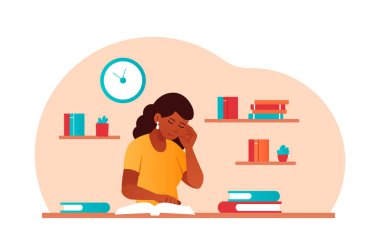 Kitap okuyan kadın. Edebiyat aşkı ve yararlı hobiler, rahatlık ve rahatlık, uzaktan öğrenme. Sınava ya da sınava hazırlanan öğrenci, modern eğitim. Çizgi film düz vektör çizimi