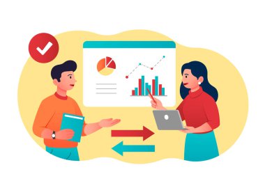 Sunum kavramı. Grafiklerin ve diyagramların arka planında kadın ve erkek var. İstatistiklerle ve beyin fırtınalarıyla çalışıyorum. Analitik bölüm ve iş arkadaşları. Çizgi film düz vektör çizimi