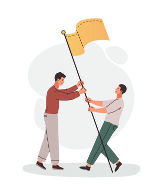 Takım başarısı konsepti. Erkekler sarı bayrak, motivasyon ve liderlik taşır. Şirket ve iş arkadaşlarının gelişimi. Çalışanlar proje üzerinde çalışıyor, hedefler belirliyor. Çizgi film düz vektör çizimi