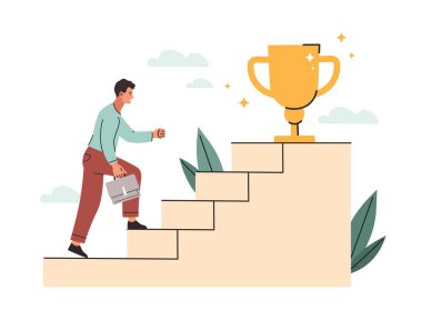Kişi ödüllere koşar. Çalışan hedeflerine, motivasyonuna ve liderliğine ulaşmaya çalışıyor. Yarışmalar, adam altın kupa için merdivenlerden çıkıyor. Hedefe giden yol. Çizgi film düz vektör çizimi