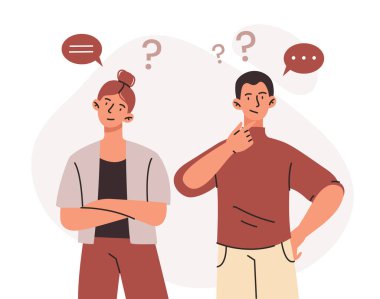 Erkekler ve kadınlar. İki cinsiyet, sorun ve soru arasındaki iletişimde zorluklar. Düşünceli karakterler, problem çözme metaforu ve aile içi çatışma. Çizgi film düz vektör çizimi