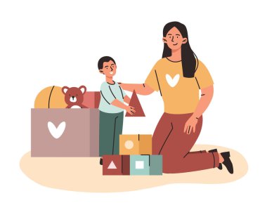 Çocuklu bir kadın. Anne, çocuğun heykelciklerden ev yapmasına yardım ediyor. Ebeveynler ve çocuklar, hafta sonları ortak eğlence. Yaratıcılık ve beceri geliştirme. Sevgi ve ilgi. Çizgi film düz vektör çizimi