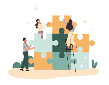 İş çözümü kavramı. Karakterler bulmacalardan, takım çalışması metaforundan ve şirket gelişiminden resimler oluştururlar. Çalışanların ve meslektaşların katkısı. Çizgi film düz vektör çizimi