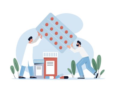 Sağlık ve İlaç Endüstrisi Konsepti. Erkek doktorlar büyük su toplayan haplar taşırlar. Eczanedeki eczacılar. Hastalıkların tedavisi ve önlenmesi. Çizgi film düz vektör çizimi