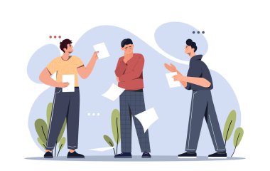 Job Burdens konsepti. Belgeler, dosyalar ve kağıtlarla çevrili kafası karışmış genç bir adam. Çalışan, görüşleri ve iş arkadaşlarının baskısı yüzünden stresli. Sıkı çalışma, Çizgi film düz vektör çizimi